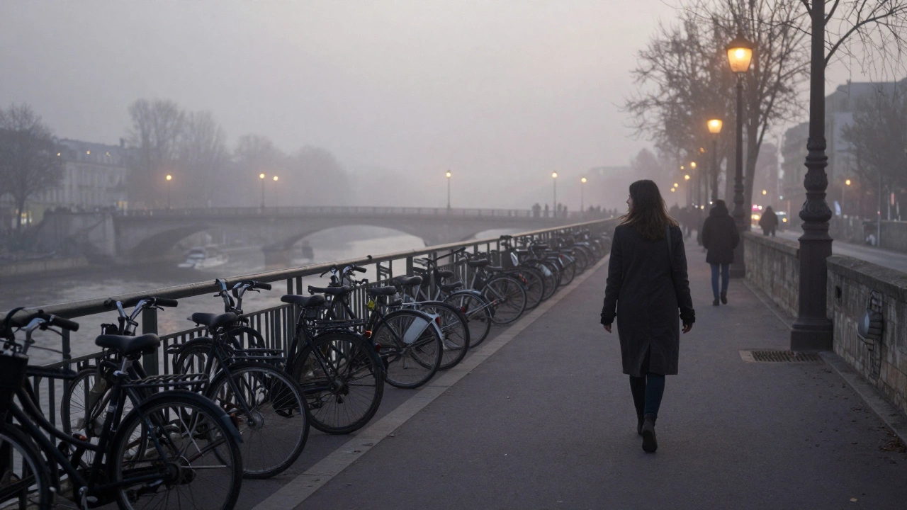 A solitary woman walking along the Seine at dawn, wrapped in a long coat under soft fog.