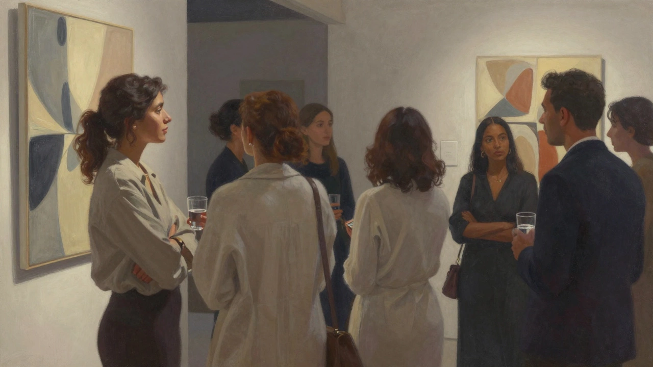 People conversing at an art opening in Jumeirah, engaged in thoughtful dialogue beside abstract paintings.