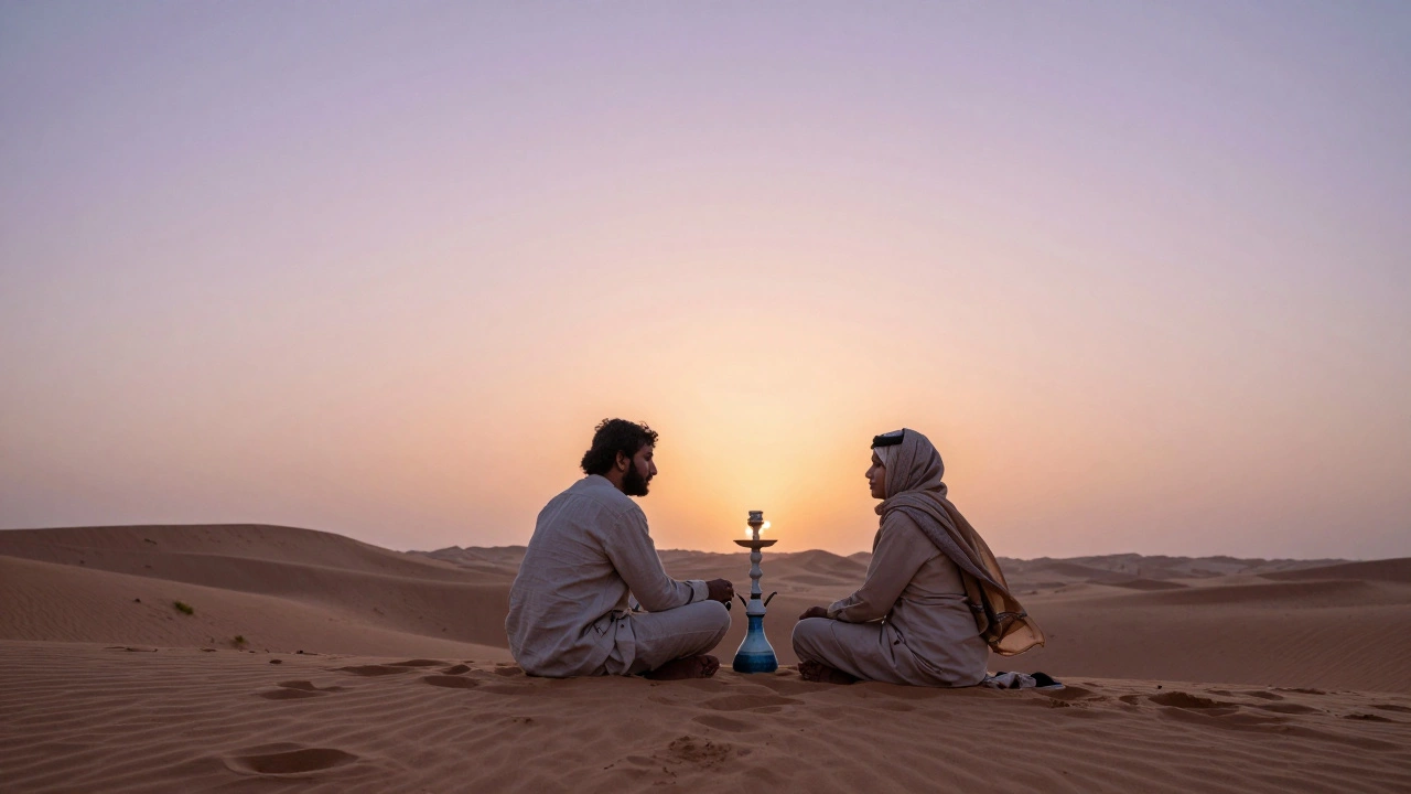 Two people sitting quietly on a desert dune at sunrise, sharing shisha as the sky turns peach and lavender.